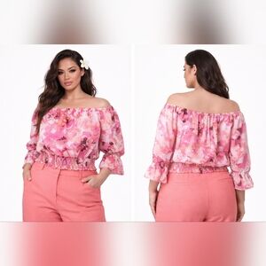 Nwt Lane Bryant Classic Crop Off-The-Shoulder Chiffon Top ¾ Sleeves Pink Floral
